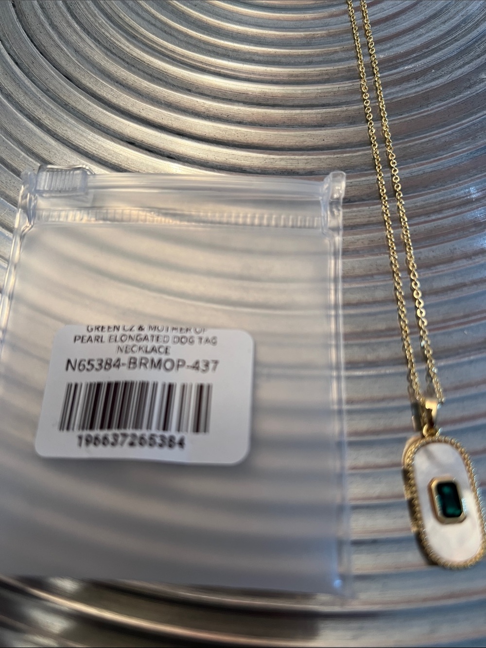 ADINA EDEN Gold Tone Dog Tag Nexklace with White Mother of Pearl and Green CZ